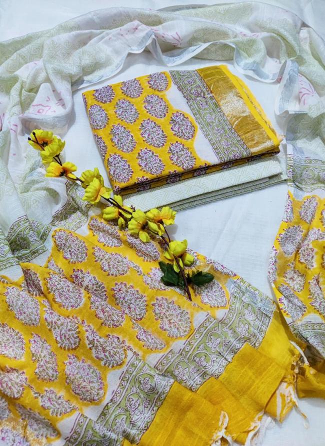 Linen Cotton Yellow Festival Wear Printed Dress Material